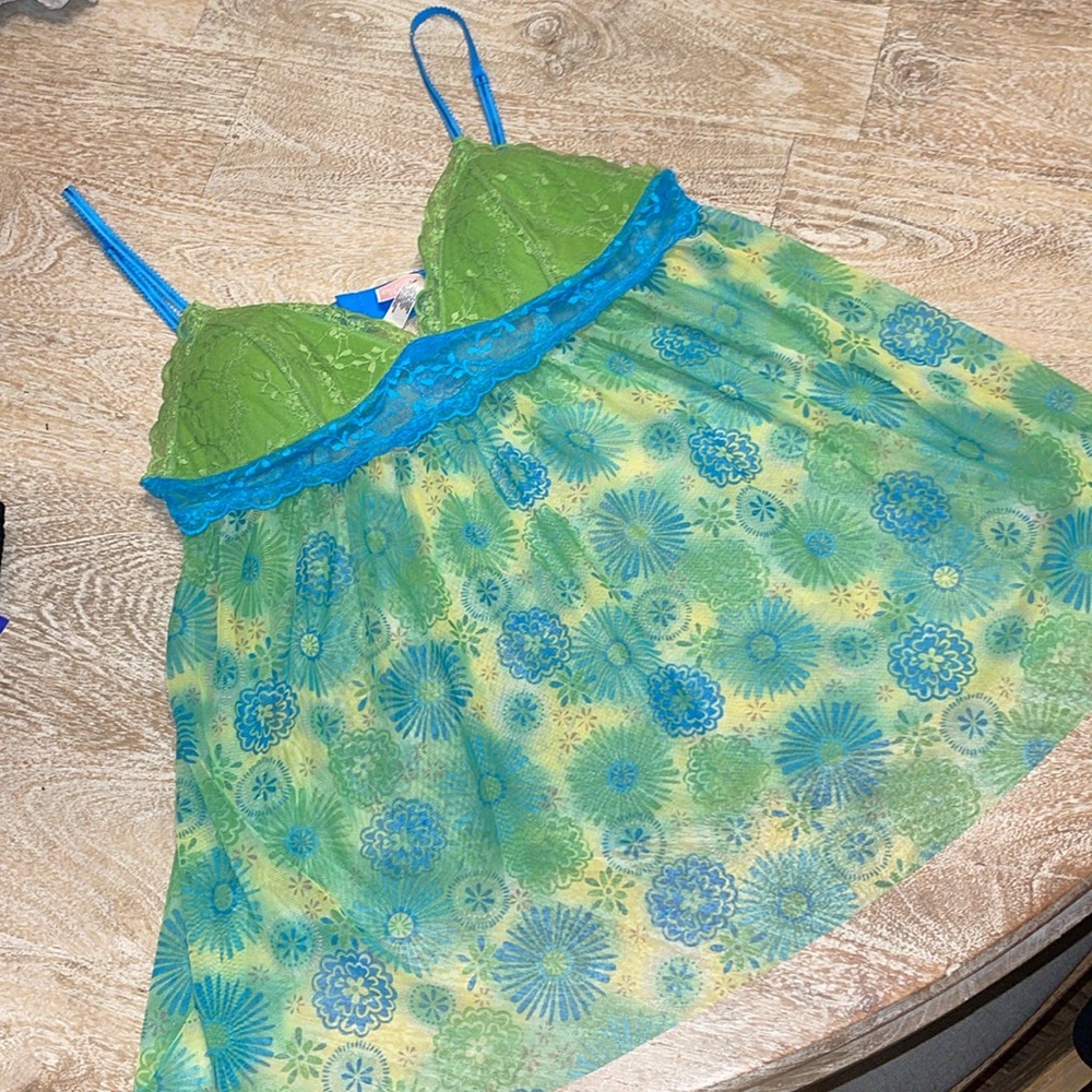 Green and Blue Victorias Secret Floral Top medium Y2K